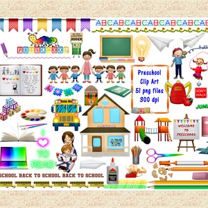 Vorschule ClipArt, Kindergarten, Schulsachen, Farben, Stifte, Schulhaus, Lunch Pail, Wimpelkette, Bordüren, Schreibtisch, Laptop, Zubehör, Bus