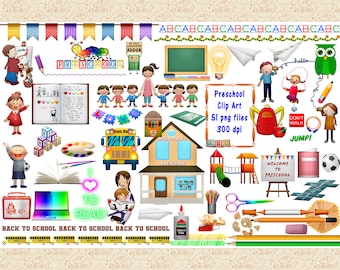 Pre School ClipArt, Kindergarten, School Supplies, Paints, Pencils, School House, Lunch Pail, Bunting, Borders, Desk, Laptop, Supplies, Bus