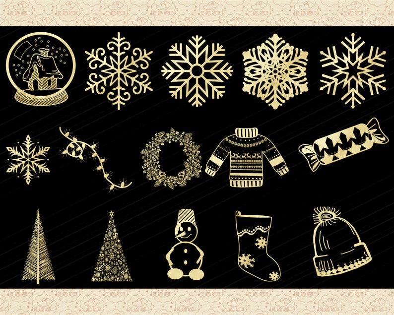Gold Foil Christmas Doodles Clipart (PNG Files) image 5
