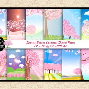 Carte digitali con paesaggi Sakura, carte con alberi giapponesi, sfondi giapponesi, luce attraverso gli alberi, carta ONE BONUS con Sakura e luna, CU 0K