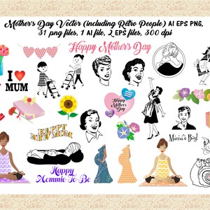May include: A set of black and white vector illustrations for Mother's Day. The illustrations include retro people, flowers, hearts, a gift box, a snail, and text that says "Happy Mother's Day", "I Love You", "Happy Mother's Day", "Mama's Boy!" and "Happy Mommie-To-Be".
