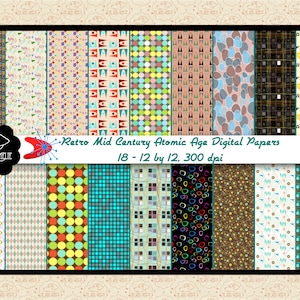 Retro Mid Century Atomic Age Digital Papers (Small Patterns) 18 Papers, Mid Century Modern Patterned Papers, 1950&#39;s, 1960&#39;s, Geometric
