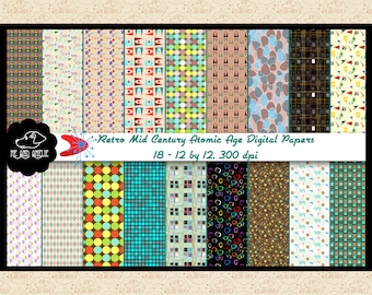 Retro Atomic Age Digital Papers, Mid-Century Modern Patterns (Digital Download)