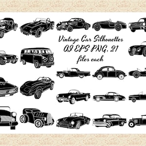 May include: A collection of 21 vintage car silhouettes in black. The silhouettes are of various makes and models, including a classic Volkswagen van, a convertible sports car, and a muscle car. The text "Vintage Car Silhouettes A3 EPS PNG, 21 files each" is displayed at the top of the image.