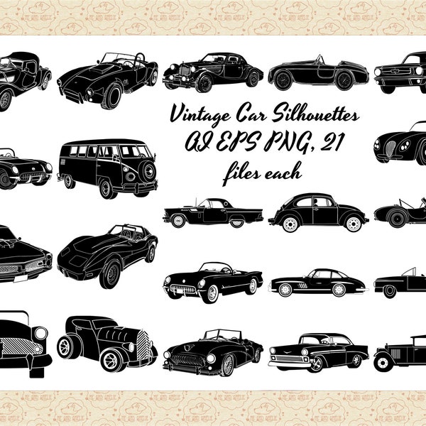 Vintage and Retro Car Silhouettes AI EPS Vector (Not SvG) & PNG, Old-timer Automobiles, Commercial 0K