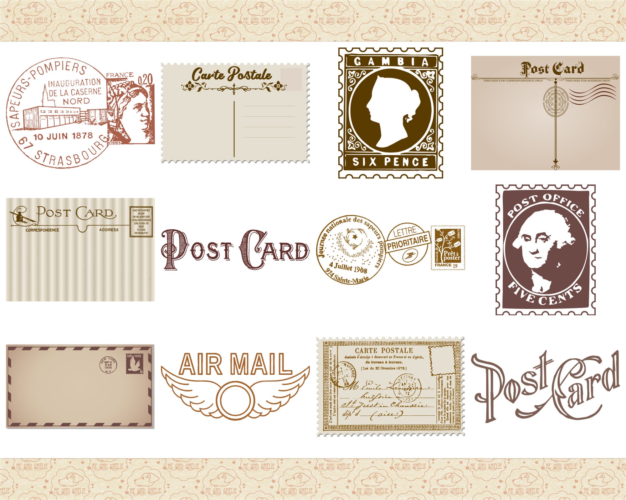 Premium AI Image  A Set Of Postal Stamp 2D Design With Vintage