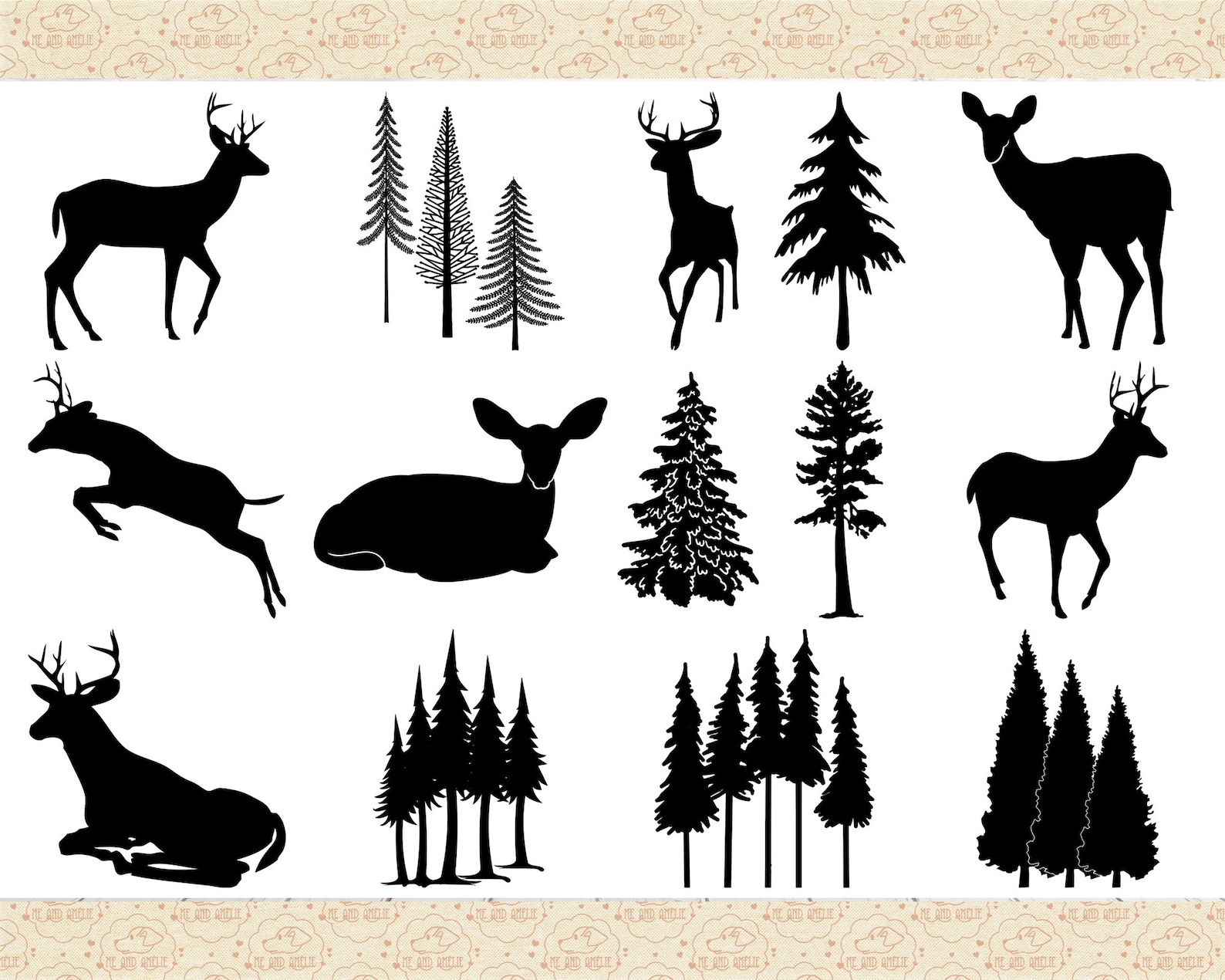 Deer & Forest AI EPS Png (no SVG) Deer Clip Art, Forest Trees Vector ...