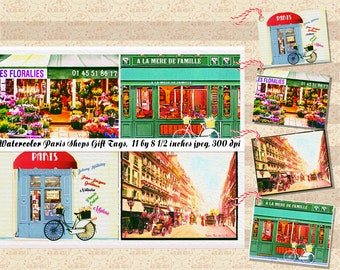 Etiquetas de regalo con acuarelas de tiendas parisinas, etiquetas imprimibles para cafés franceses (JPEG 300 ppp, 11 x 8,5 pulgadas).