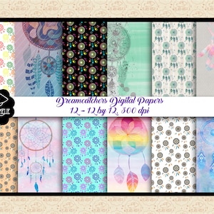 Carte digitali dreamcatcher, carta da parati tribale Boho, alcuni documenti da giardino ad acquerello, modelli da dreamcatcher, nativi americani, sud-ovest