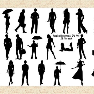 Mensen silhouetten AI EPS (Vector) & PNG (geen SvG-bestanden) Vrouwen silhouet, mannen silhouetten, mensen met paraplu's, alleenstaande mensen illustraties
