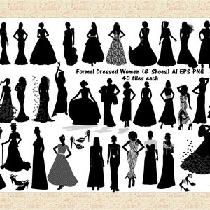 フォーマルな服装の女性（および靴）AI および PNG クリップアート（SVG ではありませんので注意してください）女性のファッションシルエット、ロングドレス クリップアート、靴 クリップアート、女の子