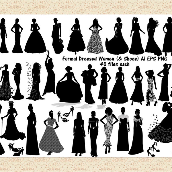 Mujeres vestidas formales (y zapatos) AI y PNG ClipArt (No es un SVG, tenga en cuenta) Siluetas de moda para mujeres, imágenes prediseñadas de vestidos largos, imágenes prediseñadas de zapatos, niñas