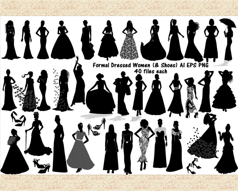 Formal Dressed Women & Shoes AI and PNG ClipArt Not a SVG, Be Aware Women Fashion Silhouettes, Long Dress Clip Art, Shoe ClipArt, Girls image 1
