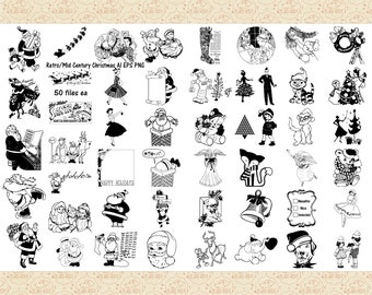 May include: A collection of 50 black and white retro Christmas clip art images. The images include Santa Claus, reindeer, snowmen, Christmas trees, bells, and other holiday symbols. The text "Retro/Mid Century Christmas AI EPS PNG" and "50 files ea" is included in the image.