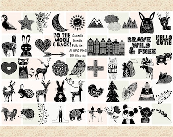 May include: A set of 50 black and white illustrations featuring animals, plants, and geometric shapes. The illustrations are in a Scandinavian folk art style. The text "To the Moon & Back!" is included in the image.