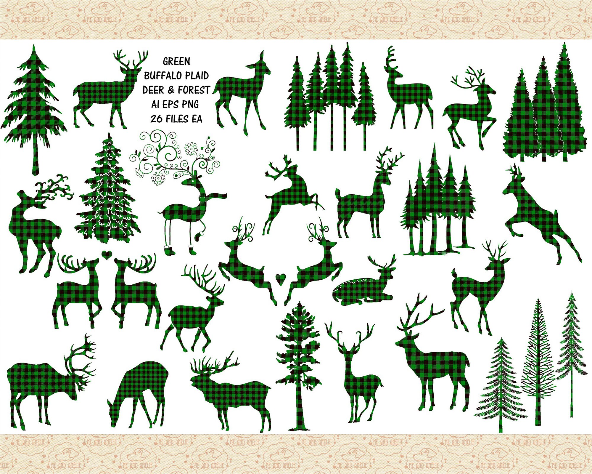 Green Buffalo Plaid Deer & Forest AI EPS PNG (No SvG) Lumberjack Plaid, Green Tartan, Christmas, Rustic, Deer, Forest Trees, Farmhouse Style