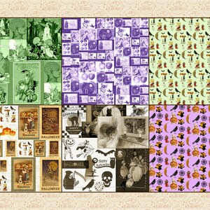 Puede incluir: Un collage digital de im&aacute;genes vintage de Halloween. El collage presenta una variedad de im&aacute;genes, que incluyen calabazas, murci&eacute;lagos, gatos y b&uacute;hos. Las im&aacute;genes est&aacute;n dispuestas en una cuadr&iacute;cula y est&aacute;n en tonos de verde, morado y marr&oacute;n.