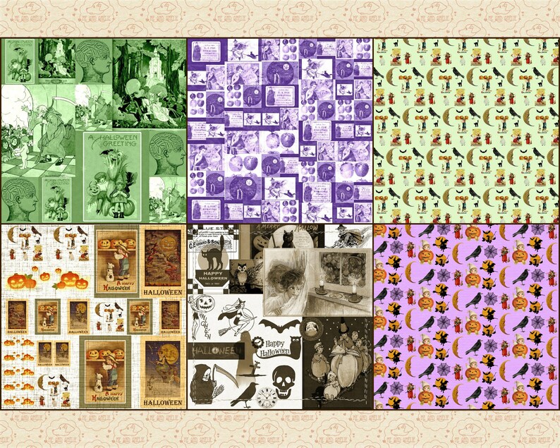 Puede incluir: Un collage digital de im&aacute;genes vintage de Halloween. El collage presenta una variedad de im&aacute;genes, que incluyen calabazas, murci&eacute;lagos, gatos y b&uacute;hos. Las im&aacute;genes est&aacute;n dispuestas en una cuadr&iacute;cula y est&aacute;n en tonos de verde, morado y marr&oacute;n.