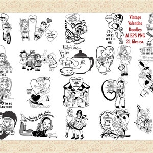 May include: A set of 21 black and white vintage Valentine's Day illustrations featuring cute characters, animals, and romantic sayings. The illustrations are perfect for creating cards, scrapbook pages, or other crafts.