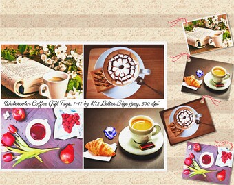 Etiquetas de regalo de café en acuarela, etiquetas imprimibles para enamorados (descarga digital, tamaño carta 8.5x11, JPEG de 300 ppp, 1-11 diseños)