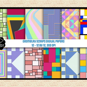 May include: A set of 12 digital papers featuring geometric patterns in various colors. The papers are 12 inches by 12 inches and 300 DPI. The text "Geometry Scraps Digital Papers 12 - 12 by 12, 300 DPI" is displayed on the image.