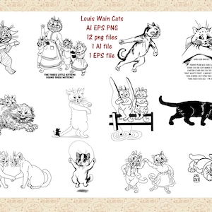 Vintage Louis Wain Cats Vector AI EPS (Not SvG) and PNG ClipArt, British Artist, CC0 Public Domain, Coloring Book DlY, Commercial 0K