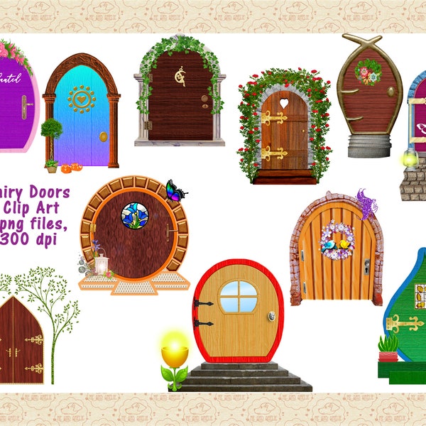 Fairy Doors Clip Art, Faerie's Doors, Wooden Doors ClipArt, Doors to Place on Tree, Woodland Graphics, Fantasy Doors, Commercial OK