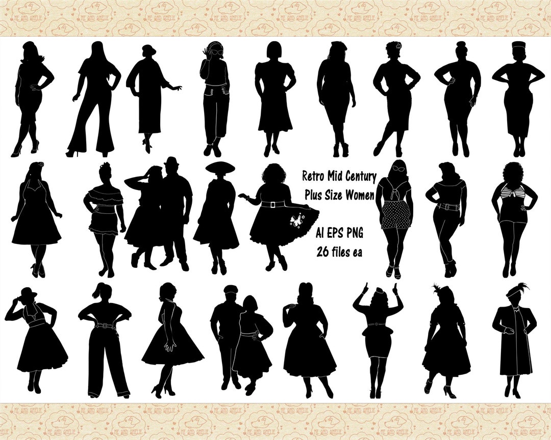 Plus Size Retro Mid Century Modern Women Silhouettes, AI EPS no Svg