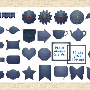 Denim Shapes ClipArt, Jeans ClipArt, Denim Pocket, Jeans Flowers, Frame ClipArt, Denim Stars Hearts, Bunting, Jeans Label, Commercial OK