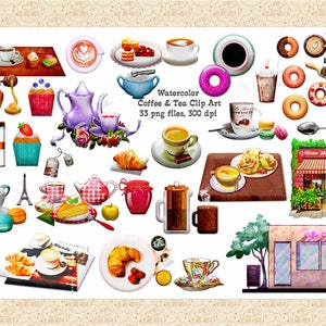 Aquarell Kaffee, Tee und Süßigkeiten Clip Art, französischer Kaffee, Coffee Shop, Teestube, High Tea, Donuts, Macarons, Cupcakes, Marmelade, Torte, Tassen