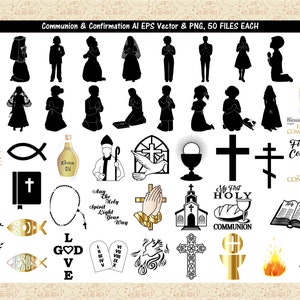 May include: A set of 50 black and white vector illustrations for communion and confirmation. The illustrations include crosses, doves, chalices, rosaries, and other religious symbols. The illustrations are perfect for creating invitations, cards, and other religious materials.