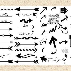 Op de afbeelding: Een set van 44 zwart-witte pijlgrafieken in verschillende stijlen, waaronder rechte, gebogen en zigzagpijlen. De afbeeldingen zijn perfect voor gebruik in digitale ontwerp projecten, zoals website ontwerp, social media afbeeldingen en presentaties.