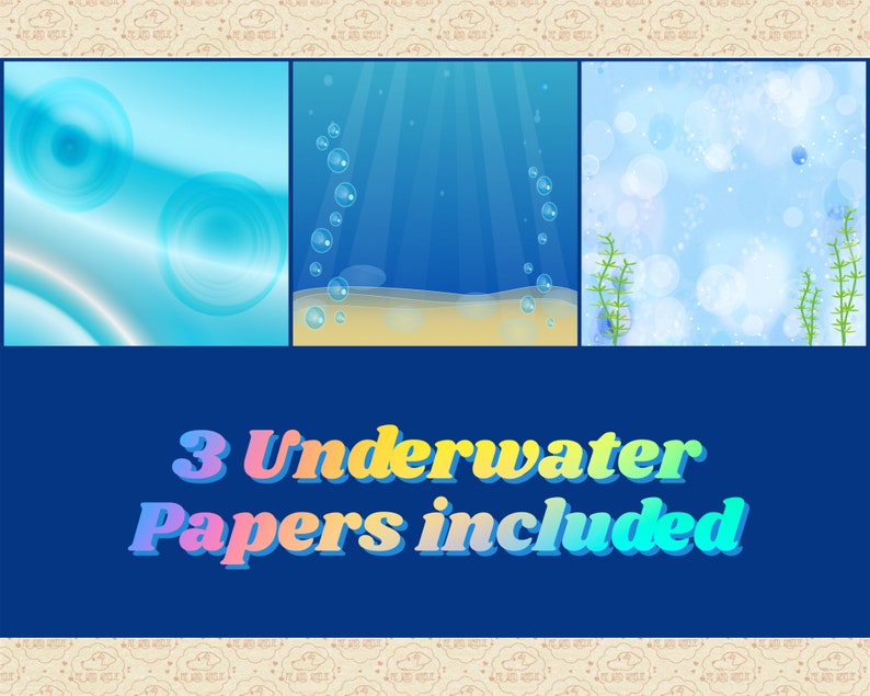 Op de afbeelding: Drie digitale achtergrondafbeeldingen met een onderwaterthema. De eerste achtergrond is lichtblauw met witte en blauwe cirkels. De tweede achtergrond is donkerblauw met lichtblauwe lichtstralen en bubbels. De derde achtergrond is lichtblauw met witte cirkels en groen zeewier.