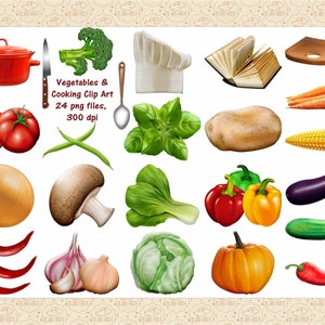 Légumes &Cooking ClipArt, Vegan ClipArt, Légumes, Pot, Chapeau de chef, Marmite, Légumes à ragoûter, Ail, Tomate, Oignon, Poivrons, Haricots