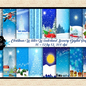 Noël Winter Wonderland Paysages Papiers numériques, DIY carte de Noël, Forêt de bouleaux, Oiseaux, Voitures de Noël, Scandia Gnome, Village, Neige