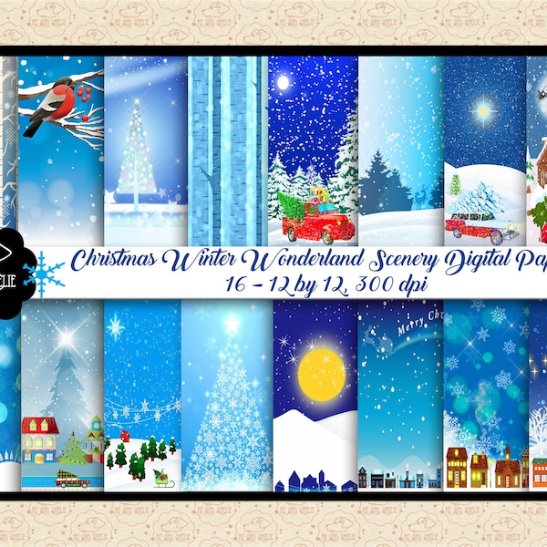 Christmas Winter Wonderland Scenery Digital Papers, Christmas Card DIY, Birch Forest, Birds, Christmas Cars, Scandia Gnome, Village, Snow
