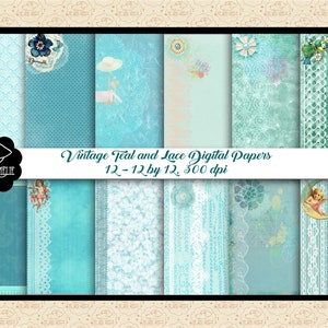 SALE 99 CENT Vintage Petrol & Spitze Digitale Papiere, Rustikale Shabby Chic Papiere, Distressed, Handschrift, Spitze und Türkis Papier, Bauernhaus