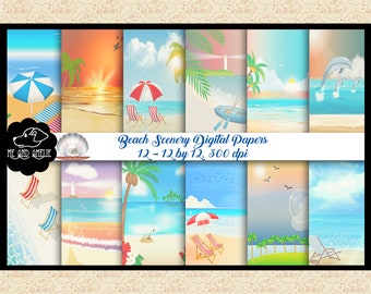 Beach Scenery Digital Paper, Sand & Sea Background, Vacation Backdrop, Holiday Papers, Tropical Paradise, Ocean Waves, Dolphins, Beach Life