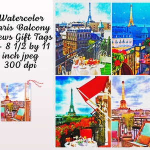 VENDA 99 CENTS Aquarela Paris Vistas de uma varanda Folha de colagem de etiquetas para presentes, confecção de cartões-presente, cartões de agradecimento, horizonte de Paris, comercial OK