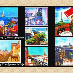 GRAN GANGA *Papeles digitales de acuarela de balcón parisino*Torre Eiffel*Vistas al balcón de París*Acuarela PaRiS*7 Impresiones por 99 CÉNTIMOS