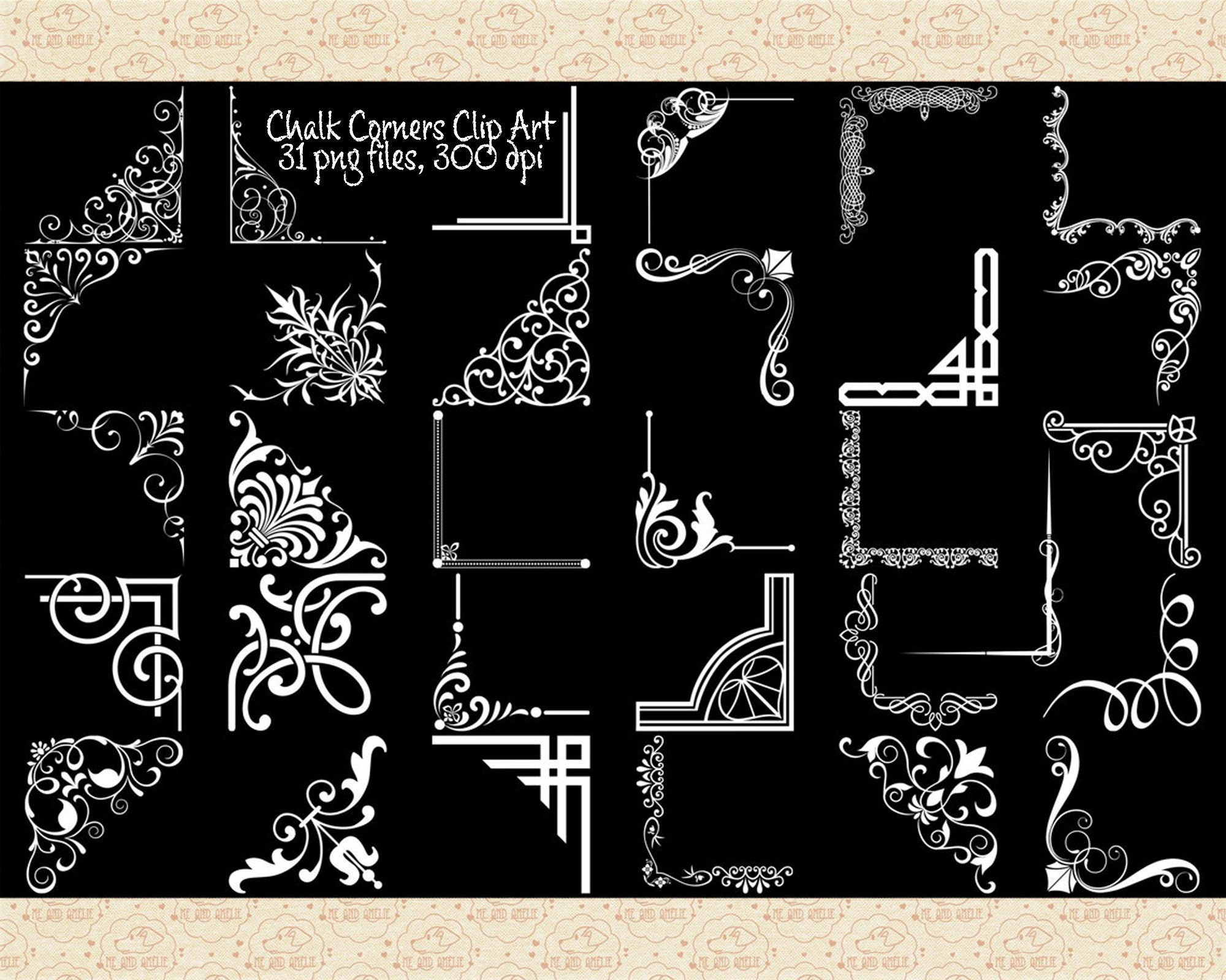 15 Hand Drawn Corner Clipart Chalk and Black Scrapbook Embellish Invitation  Chalkboard Blog Graphics Commercial Use 