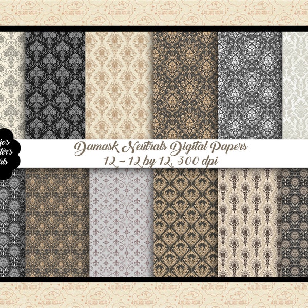 Damask Patterns Neutrals Digital Papers, Neutral Colors, Ornamental Patterns, Damask Background Digital Papers, Fabric Transfers, Cardmaking