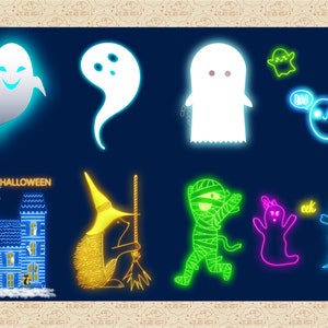 Pu&ograve; includere: Un'illustrazione digitale di personaggi e oggetti a tema Halloween. L'illustrazione presenta una casa blu incandescente con un cartello che recita "Happy Halloween", un riccio giallo che tiene una scopa, una mummia verde, un fantasma rosa, un fantasma blu e diversi fantasmi bianchi.