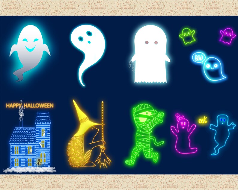 Pu&ograve; includere: Un'illustrazione digitale di personaggi e oggetti a tema Halloween. L'illustrazione presenta una casa blu incandescente con un cartello che recita "Happy Halloween", un riccio giallo che tiene una scopa, una mummia verde, un fantasma rosa, un fantasma blu e diversi fantasmi bianchi.