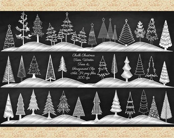 Chalk Christmas Trees & Foreground,  Winter Forest, Chalkboard Woods, Rolling Hills, Pine Tree ClipArt, Evergreen Trees, Chalkboard Overlay