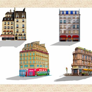 May include: Four illustrations of Parisian buildings with storefronts. The buildings are all different styles, but they all have a classic Parisian feel. The buildings are all white with brown trim and have red awnings over the storefronts. The storefronts have signs that say "Cafe Bistro" and "Cafe de la Ville".