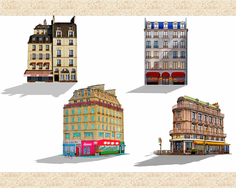 May include: Four illustrations of Parisian buildings with storefronts. The buildings are all different styles, but they all have a classic Parisian feel. The buildings are all white with brown trim and have red awnings over the storefronts. The storefronts have signs that say "Cafe Bistro" and "Cafe de la Ville".