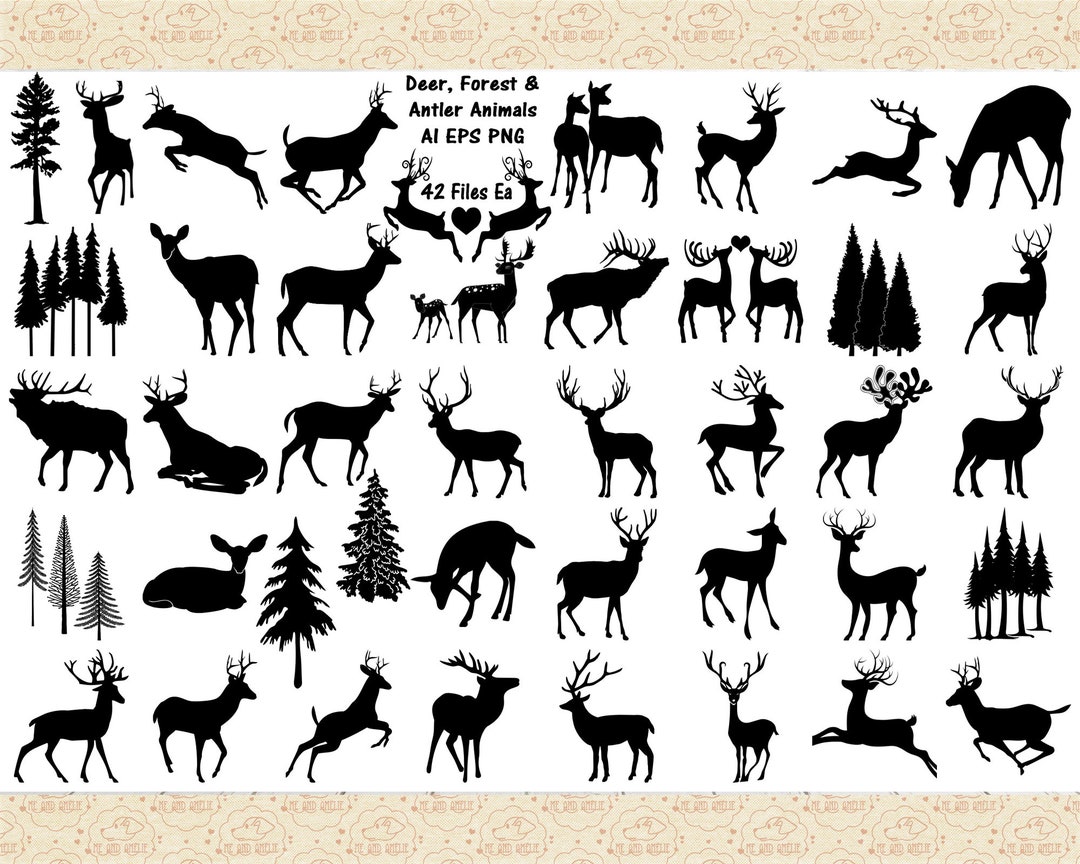Deer & Forest AI EPS Png (no SVG) Deer Clip Art, Forest Trees Vector ...