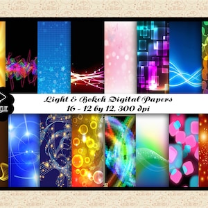 以下が含まれることがあります： 光とボケ効果を施したデジタルペーパー16枚セット。ペーパーは12インチ×12インチ、300dpiです。ペーパーは、ゴールド、ブルー、レッド、ピンクなど、さまざまな色とデザインが特徴です。
