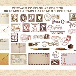 Vintage Postage AI EPS PNG (bez SvG), stare znaczki pocztowe, koperty, pocztówki, zabytkowe długopisy, elementy pocztowe, sepia stamps, komercyjne 0K